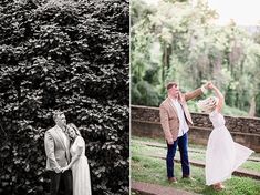 an engaged couple standing in front of a bush and posing for their engagement photos with the photographer