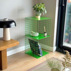 a green shelf with books and plants on it in front of a window next to a lamp