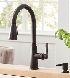 a black faucet sitting on top of a counter next to a potted plant