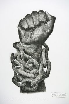 a pencil drawing of a hand with chains on it's arm and the fist raised up