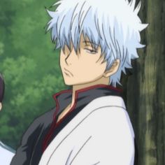 two anime characters standing next to each other in front of some trees and bushes, one with white hair