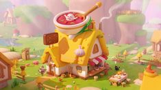 a cartoon house with a bowl of soup on top