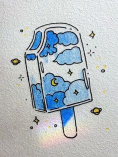 an ice lolly popsicle with clouds and stars in the sky is drawn on paper