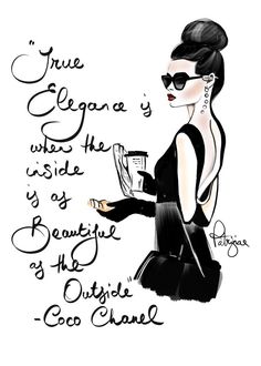 a drawing of a woman in black and white holding a glass with the words true elegance is