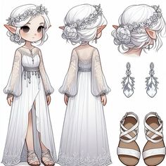 the paper doll is dressed in white and has shoes, sandals, and headbands