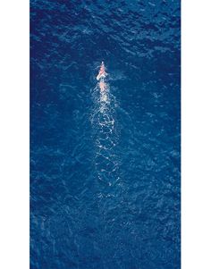 a person swimming in the blue water