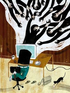 a man sitting at a desk in front of a tree with hands coming out of it