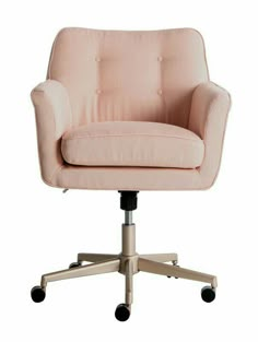 a pink office chair with casteors and wheels on an isolated white background, front view