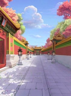 an animated image of a courtyard with lanterns and trees