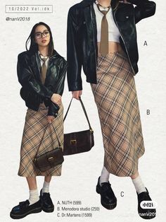 Retro Skirt Outfits 90s, Outfit Ideas 90s Style Vintage, Retro Korean Fashion, 90s Fashion Skirt Outfit, Ootd 90s Hijab, Dark 70s Style, Checkered Midi Skirt Outfit, 90s Outfit Skirt, Long Vintage Skirt Outfits