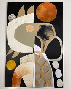 an abstract painting with circles and shapes on black, white, orange and grey paper