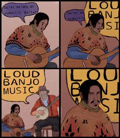 a comic strip with an image of a man playing the guitar and another cartoon about music