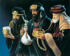 three wise men holding jugs and baskets