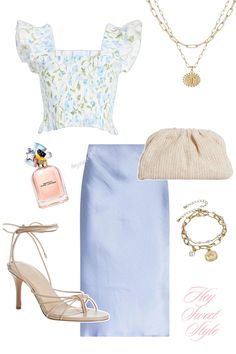 floral ruffle top, blue satin skirt, + strappy nude heels 12 spring outfit ideas ౨ৎ Blue Satin Skirt, Nude Strappy Heels, Floral Ruffle Top, Spring Outfit Ideas