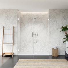 a bathroom with marble walls and flooring next to a plant in a white vase