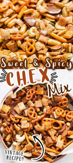 two different views of chex mix with the words sweet and spicy on it in front of them