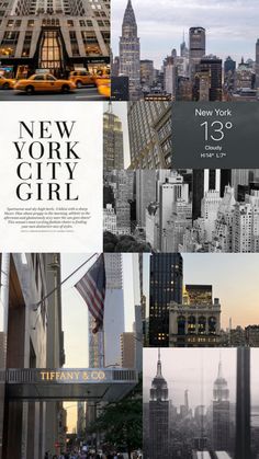 the new york city girl advertisement is shown in black and white, with many skyscrapers