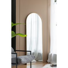 a mirror sitting on top of a wooden floor next to a plant in a living room