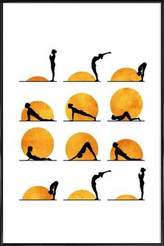 the silhouettes of people doing yoga poses in front of an orange sun with their hands together