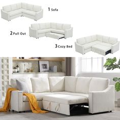 the sectional sofa is white and has three pillows on it, two pull out couches with