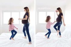 two photos of a woman and her daughter playing on the bed