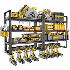 a yellow and black tool rack with tools on it's sides, including drillers, wrenches, screwdrives and other equipment