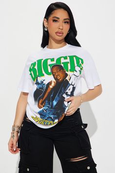 Available In White. Crew Neck Short Sleeve Front Screen Biggies Smalls Loose Stretch Disclaimer: Due To The Printing Process A Difference In Saturation May Occur. Each Garment Is Unique. 100% Cotton Imported | BIGGIE Big Poppa Tee Shirt in White size 2X by Fashion Nova Notorious Big Shirt, White Crew Neck, Party Outfits, Cute Fits, White Fashion, Graphic Tees Women, Shirt Outfit, Womens Clothing Tops, Party Outfit