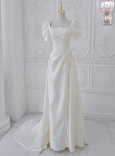 High-quality satin wedding bridal wedding dress white French light wedding dress sold by ivowedding on Storenvy Bridesmaid Dress With Sweep Train For Wedding Prom Season, Ball Gown Bridesmaid Dress With Sweep Train For Wedding, Satin Wedding Dress With Sweep Train For Banquet, Fitted Wedding Dress With Sweep Train For Wedding Night, Fitted Satin Wedding Dress With Sweep Train, Bridesmaid Ball Gown With Sweep Train, Bridesmaid Wedding Dress With Sweep Train And Fitted Bodice, Bridesmaid Ball Gown With Sweep Train For Wedding, Floor-length Satin Wedding Dress For Banquet