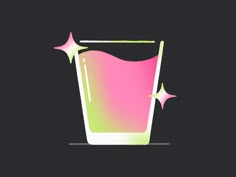 a pink and green drink in a glass on a black background with stars around it