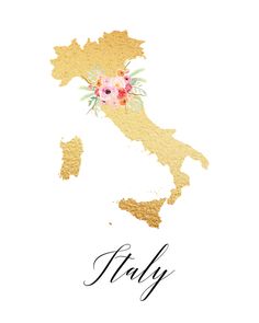 the map of italy with flowers on it and the word italy written in black ink