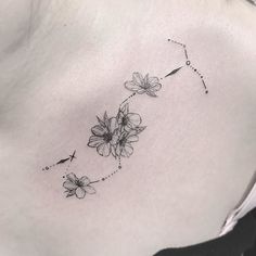 the back of a woman's neck with flowers and a zodiac sign on it