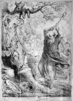 an old drawing of a man holding a stick in his hand and standing next to a tree