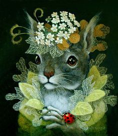 a painting of a rabbit with flowers on its head and leaves around it's neck