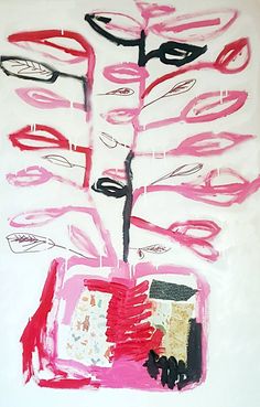 a painting with pink and black lines on it's face next to a tree