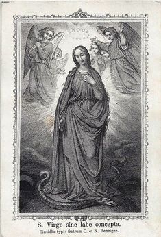 an old black and white drawing of the virgin mary