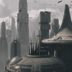 a sci - fi cityscape with birds flying over the buildings and skyscrapers