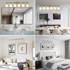 four different pictures of a bedroom, dining room and living room with white furniture in it