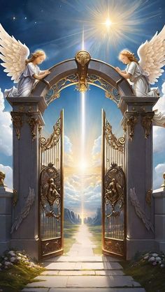 an open gate with two angels sitting on top of it and the sky in the background