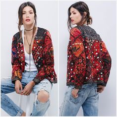 Loving this embroidered jacket by Free People Huipil Outfit, Rock Jacket, Look Boho Chic, Ethno Style, Folk Rock, Estilo Hippie, Look Rock, Boho Fashion Bohemian