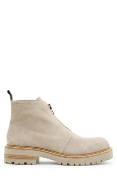 Zips at the front lend modern style to a supple suede boot situated on a durable rubber sole. Front zip closure Leather upper and lining/rubber sole Made in Portugal Nude Boots, Sneaker Jewelry, Goat Leather, Leather Shoes Men, Chunky Boots, Suede Ankle Boots, The Master, All Saints, Suede Boots