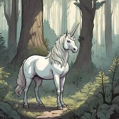 a white unicorn standing in the middle of a forest