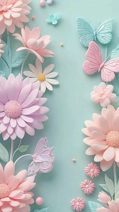 paper flowers and butterflies on a blue background with pastel pink, pale green and white colors