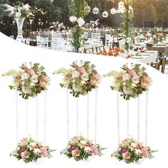 four tall vases with flowers and greenery on them are arranged in front of a white table