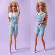 two pictures of a barbie doll with blonde hair and overalls, one in white shirt and the other in light blue