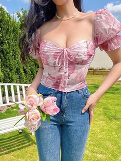 Chiffon T-Shirt Aosig T Shirt Corset, Pink Chiffon Top, Floral Print Crop Top, Chiffon Fashion, Summer Crop Tops, Crop Top Outfits, Top Summer, Club Party, Short Sleeve Cropped Top