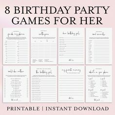 the 8 birthday party games for her is shown in black and white with pink background