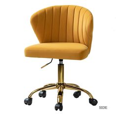 a yellow office chair with wheels and casteors