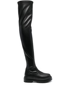 jet black calf leather blend round toe branded insole thigh-high low block heel ridged rubber sole pull-on style Thigh High Leather Boots, Thigh High Black Boots, Estilo Emo, Wardrobe Change, Black Thigh High Boots, Leather Thigh High Boots, Over The, Red Lantern, Wellington Boots