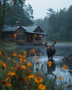 a moose is standing in the water near some flowers