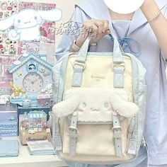 100% Brand new & High quality   Color:  (As shown in picture) Size: 38*27*13 cm Package: 1 Bag White Harajuku Nylon Bags, White Kawaii Nylon Bag, Ear Logo, Cinnamoroll Backpack, Cute Cinnamoroll, Hello Kitty Bedroom, Candy Costumes, Kawaii Bags, School Bookbags